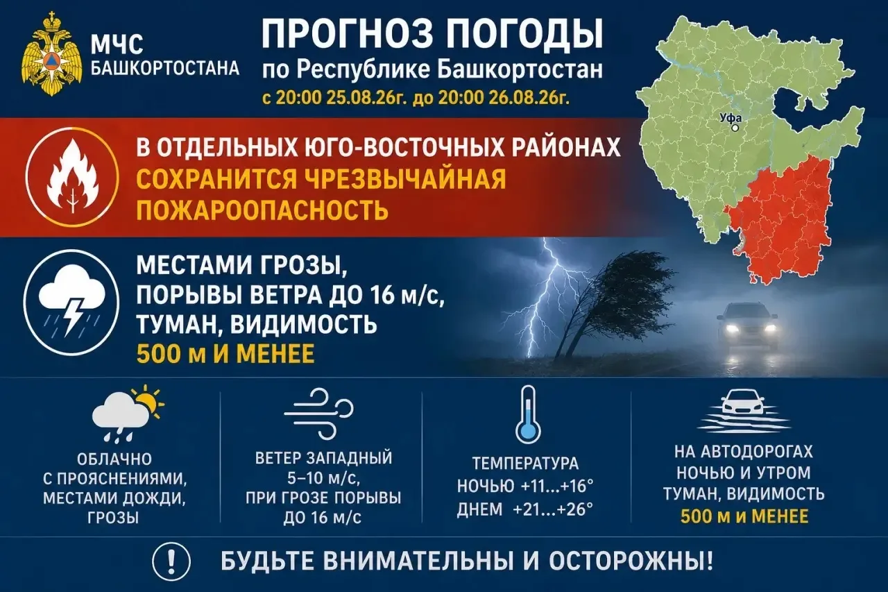 Чрезвычайная пожароопасность, ночью и утром туман 500 м и менее, грозы, порывы ветра до...
