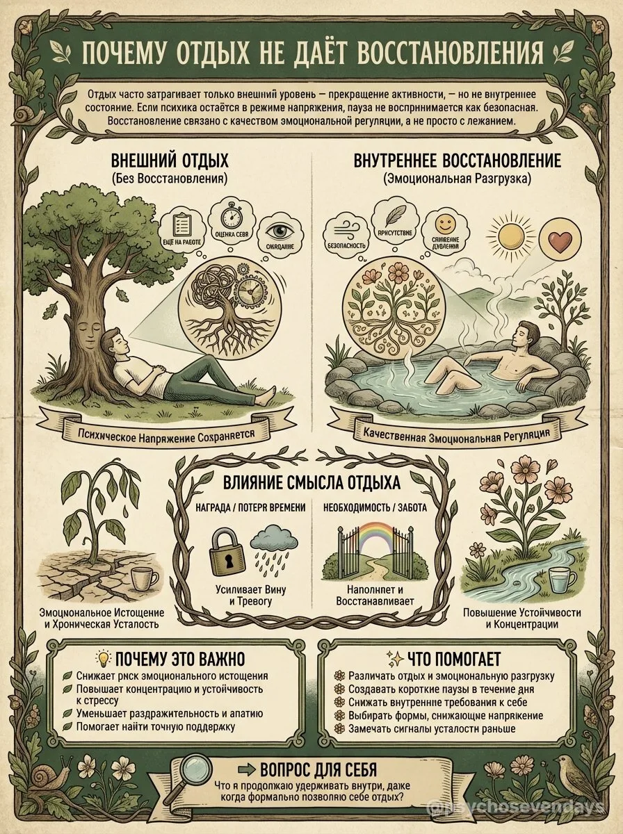 Почему отдых не даёт восстановления 🌿

Отдых не всегда приводит к ощущению восстановления, потому ч