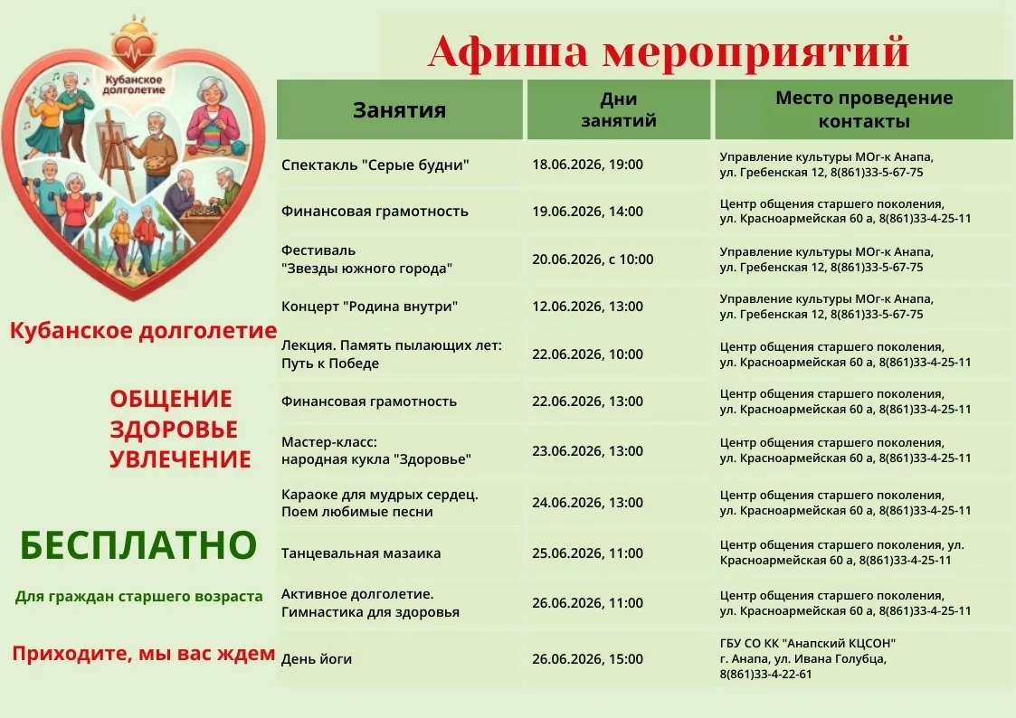 🌷 Афиша мероприятий "Кубанское долголетие" 🌷