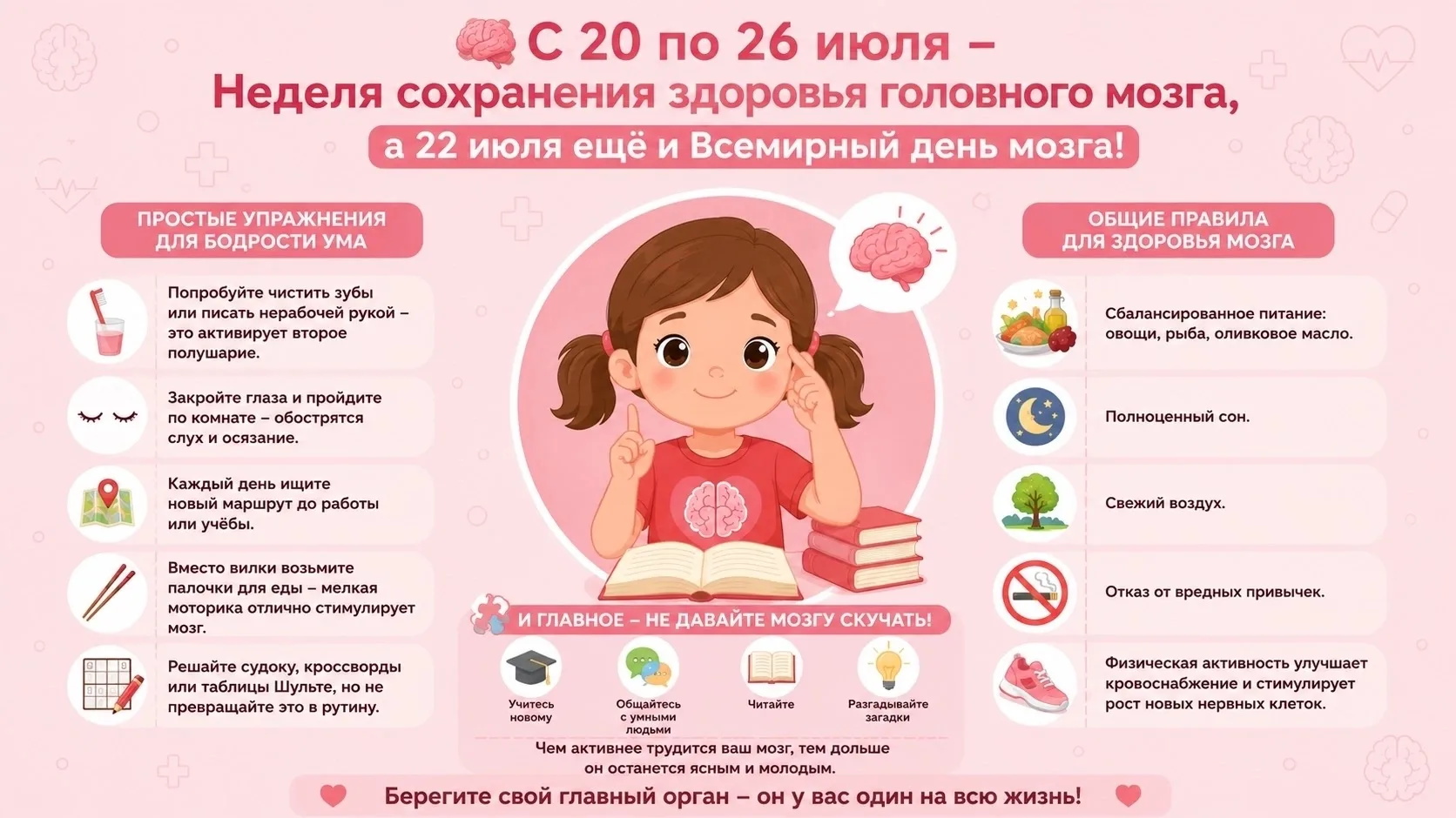 🧠 С 20 по 26 июля​ – Неделя сохранения здоровья головного мозга, а 22 июля ещё и Всемирный день моз