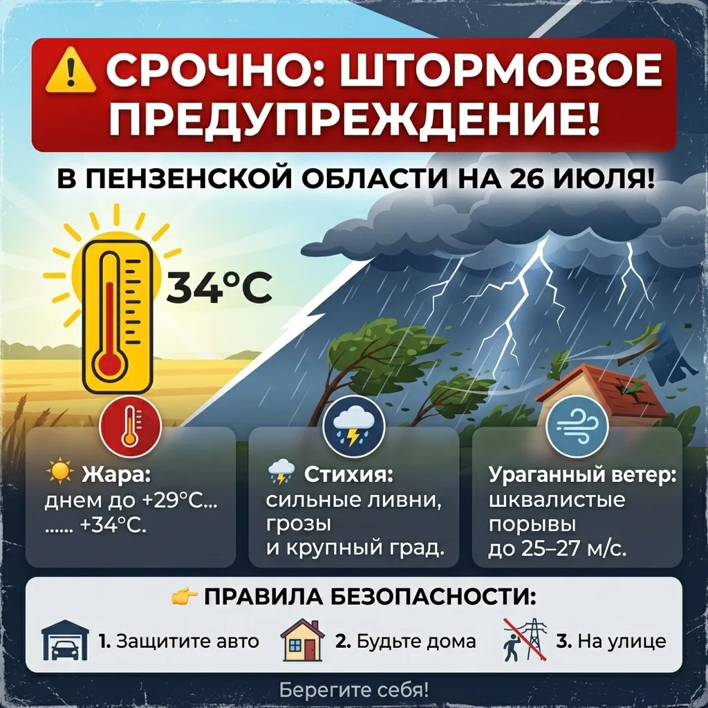 ⚠️ Прогноз погоды на 26 июля: жара и возможные грозы! 

Простые рекомендации:

• По возможности парк