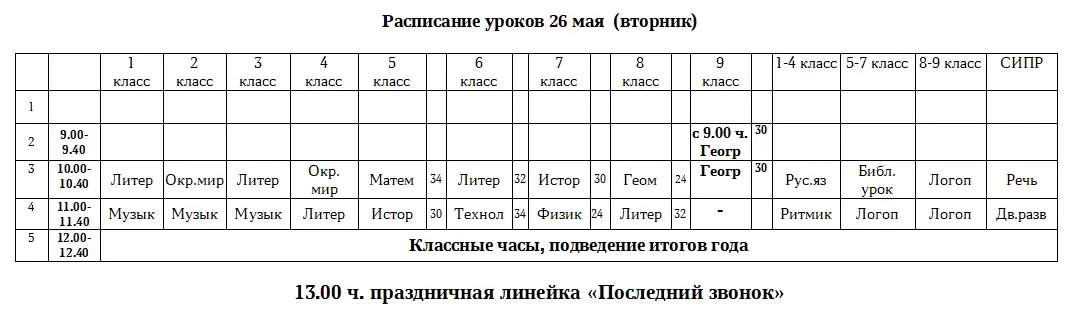 РАСПИСАНИЕ УРОКОВ НА ВТОРНИК 26 МАЯ 2026