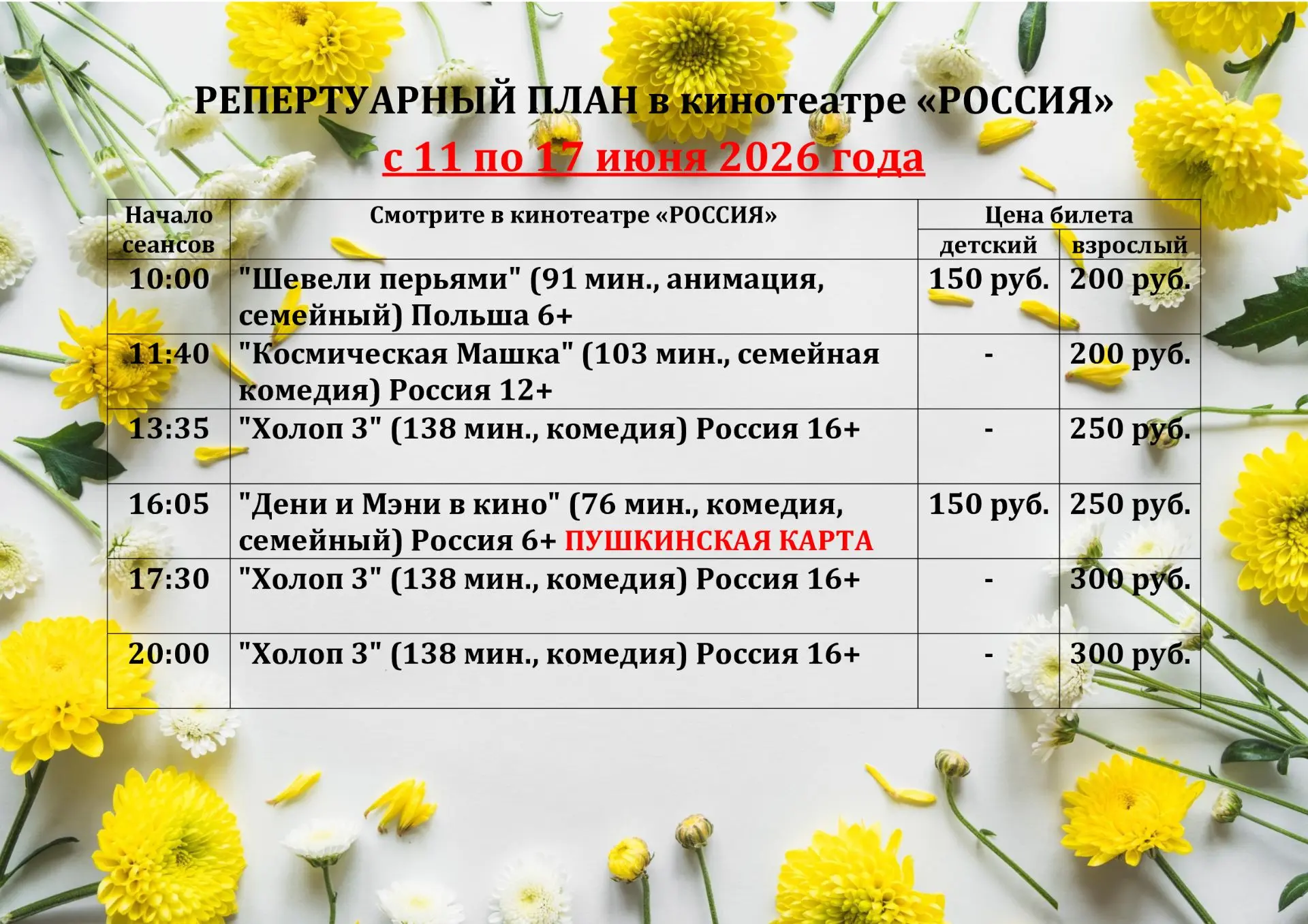 РЕПЕРТУАР КИНОТЕАТРА с 11 по 17 июня
ПРЕМЬЕРЫ
«Холоп 3»

ПО ПУШКИНСКОЙ КАРТЕ
«Дени и Мэни в кино!»
