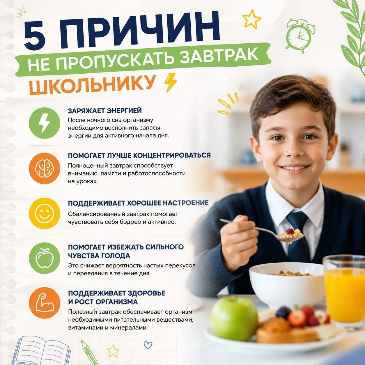 🥣Почему важно завтракать школьнику?

Завтрак — это первый приём пищи после ночного отдыха, который 