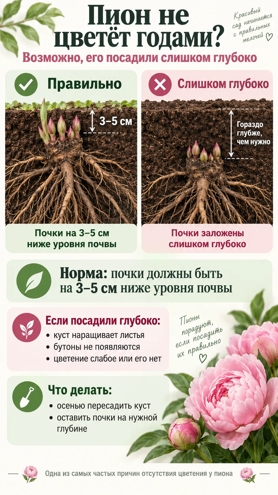 🌸 Пион не цветёт годами? Возможно, его просто посадили слишком глубоко