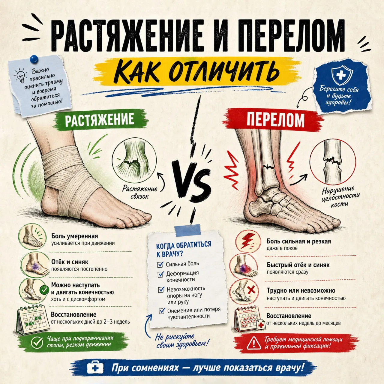 🦴 Как отличить растяжение и перелом