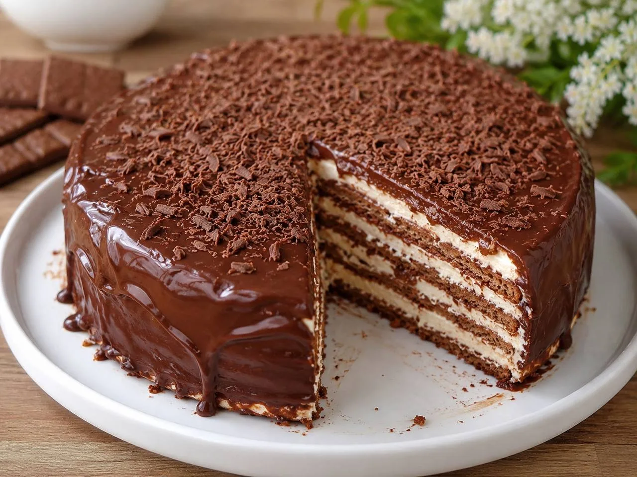 Торт без выпечки из шоколадного печенья.

🍰 Ингредиенты:
Для торта:
500 г шоколадного печенья
500 г