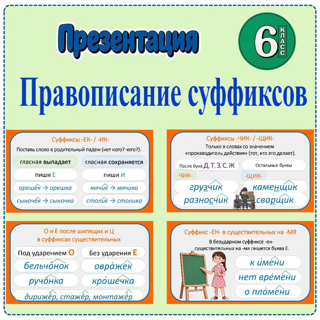 Презентация «Повторение. Правописание суффиксов», 6 класс