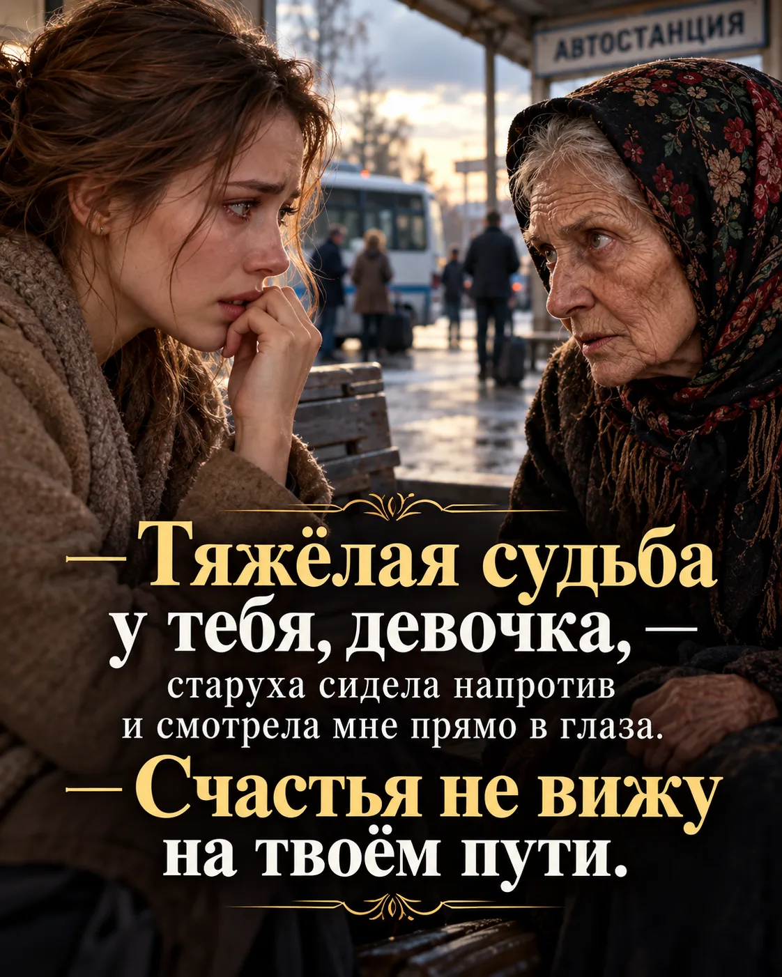 — Тяжёлая судьба у тебя, девочка, — старуха сидела напротив и смотрела мне прямо в глаза. — Счастья 