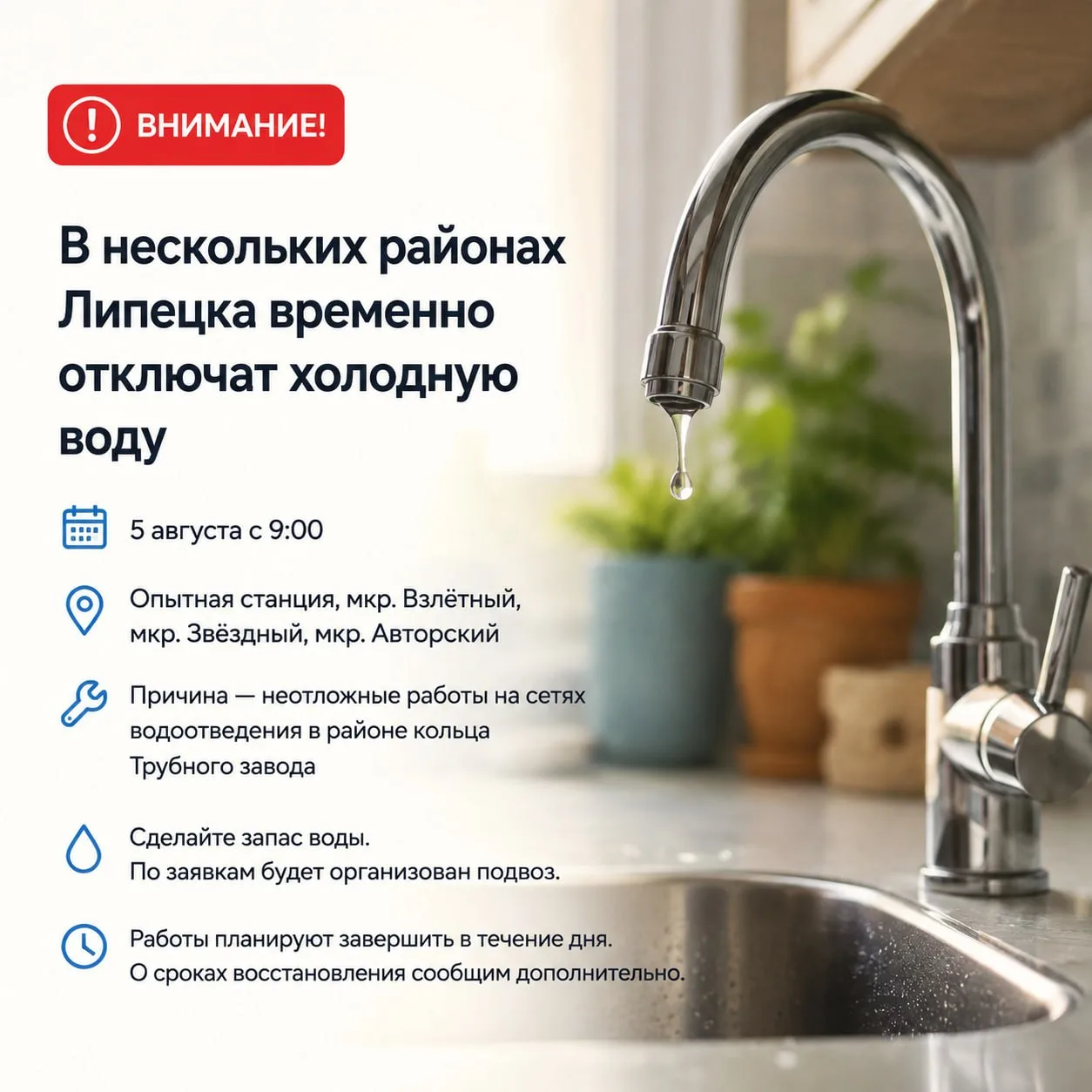 В нескольких районах Липецка временно отключат холодную воду
