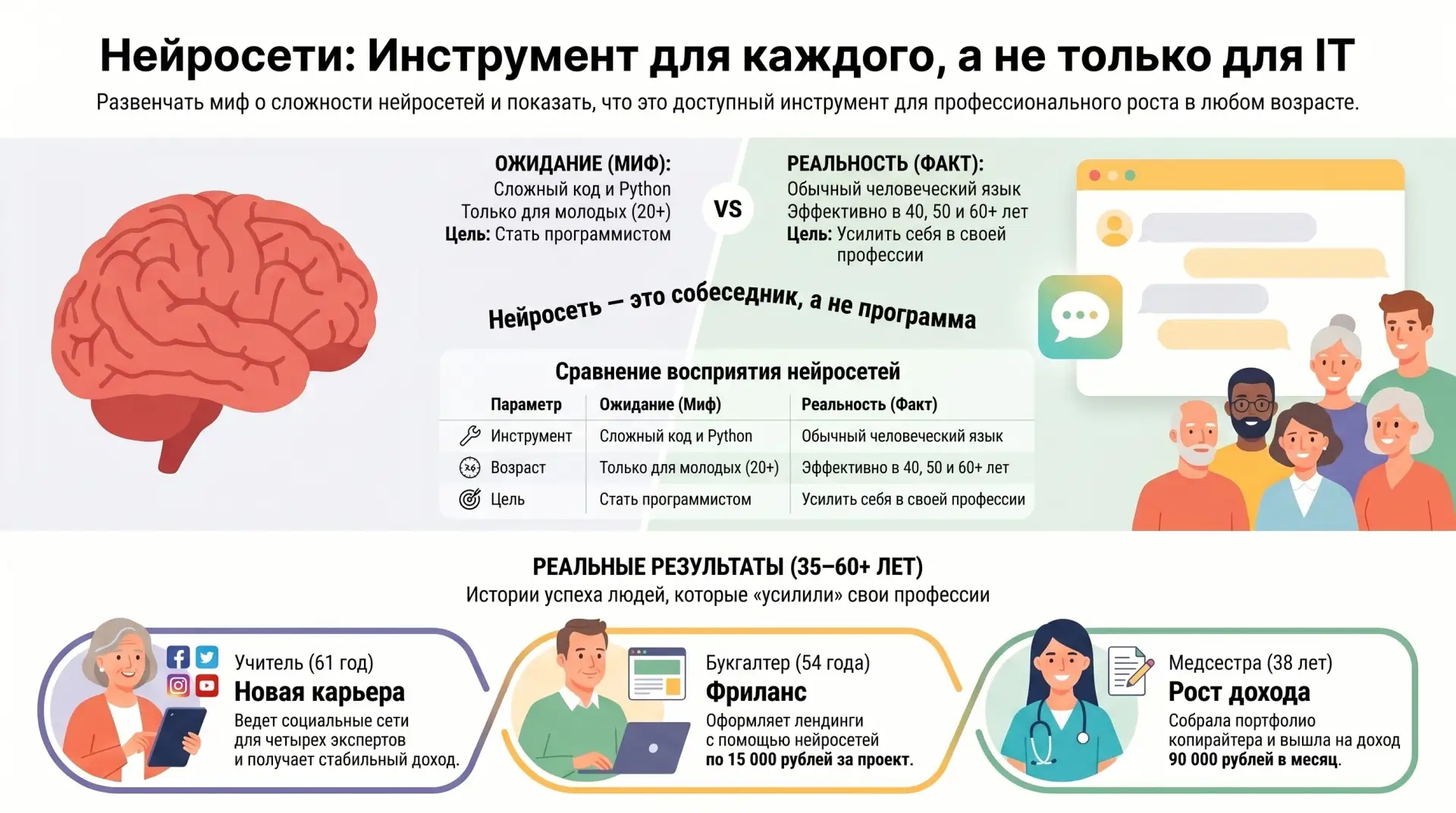 «Нейросети — это для айтишников. Мне уже поздно в это лезть».  Давайте честно: это самый вредный миф