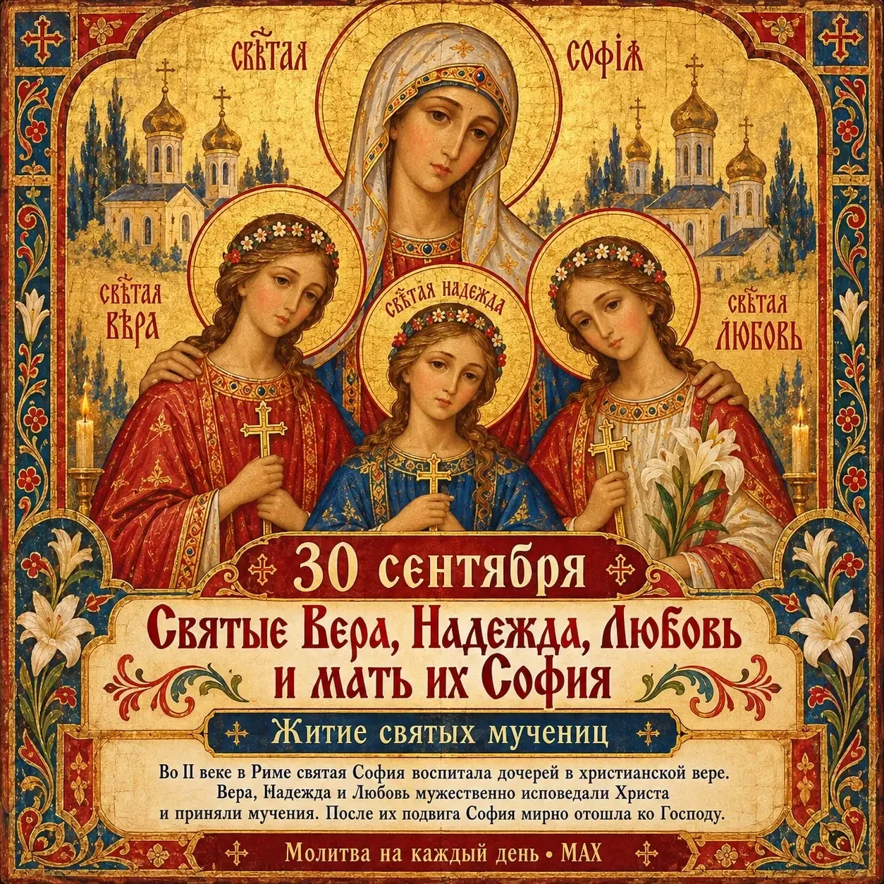 🙏 30 сентября — память святых мучениц Веры, Надежды, Любови и матери их Софии