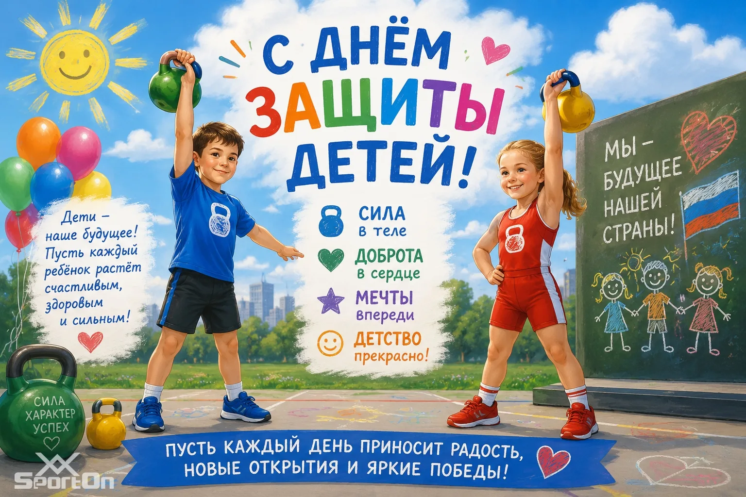 Дорогие друзья! 
 
Сегодня, в День защиты детей, мы хотим поздравить всех маленьких спортсменов и их