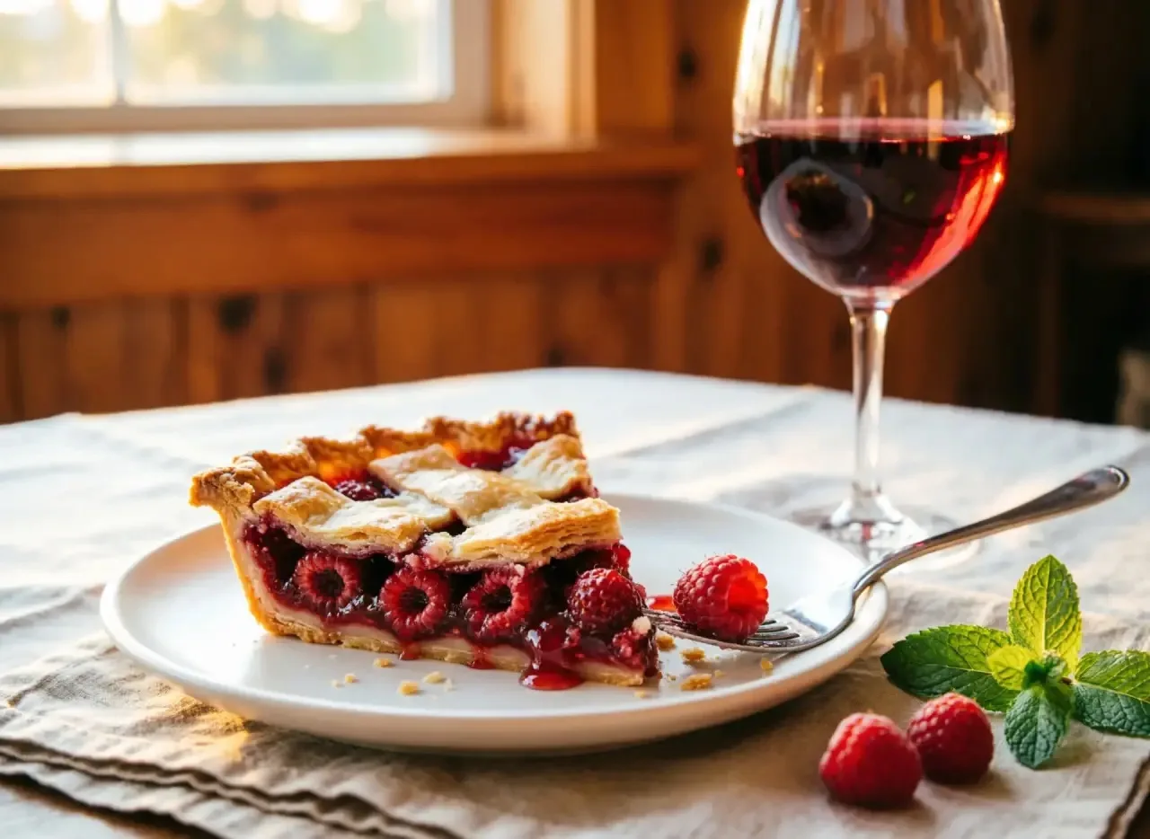Идеальный сочетание в последний месяц лета: малиновый пирог и бокал вина🍷🍇