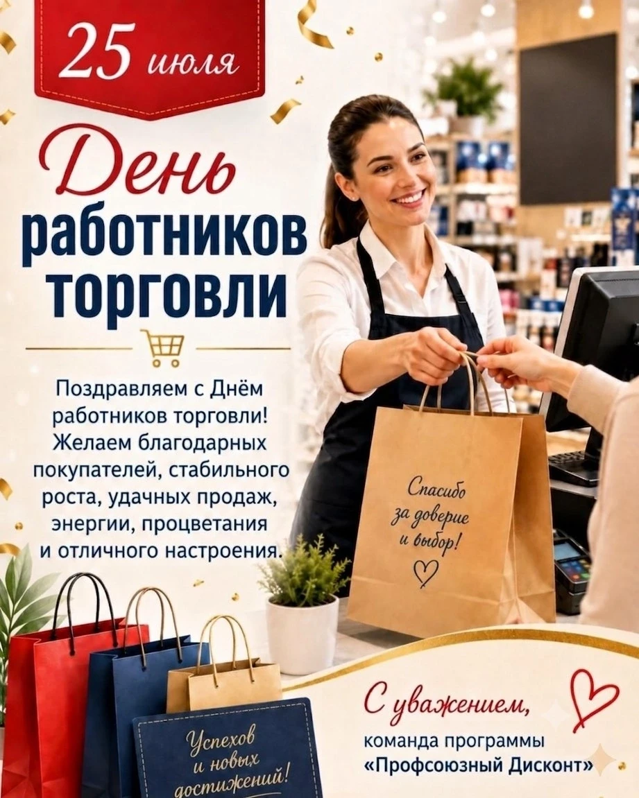 🛍 С Днём работников торговли!
 
Желаем благодарных покупателей, стабильного роста, удачных продаж, 