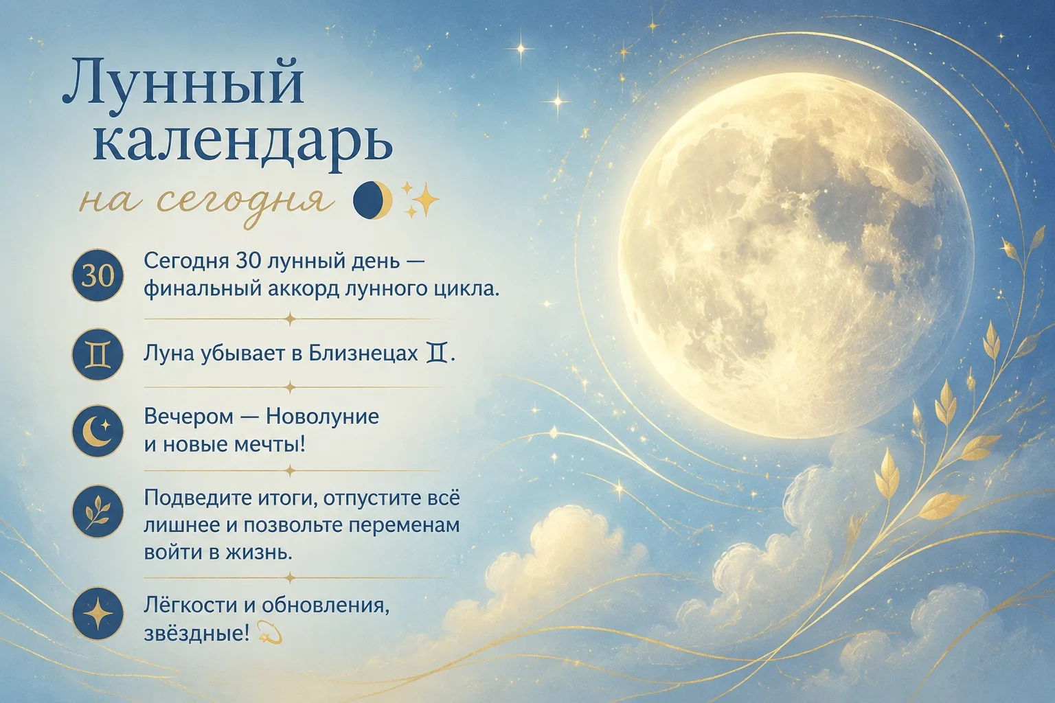 Лунный календарь на сегодня 🌘✨

Доброе утро, звёздные! Сегодня 30 лунный день — редкий и особенный,