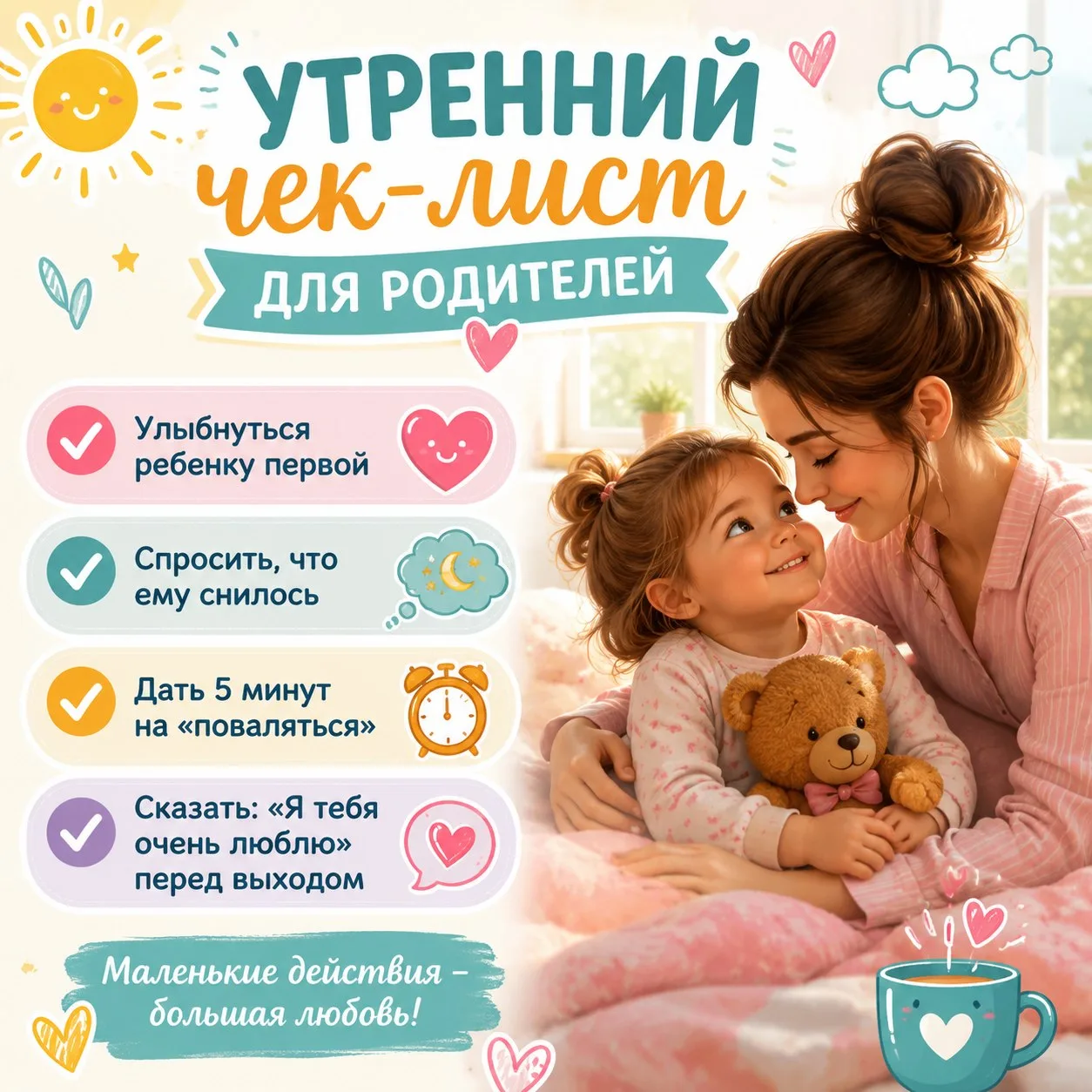 Доброе утро! Чтобы утро прошло легко, держите мини-чек-лист:

✅ Улыбнуться ребенку первой
✅ Спросить