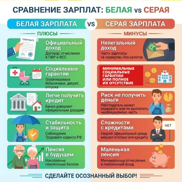 ❓Работодатель предлагает вам зарплату в конверте?
 
✅Прежде чем согласиться, взвесьте все «за» и «пр
