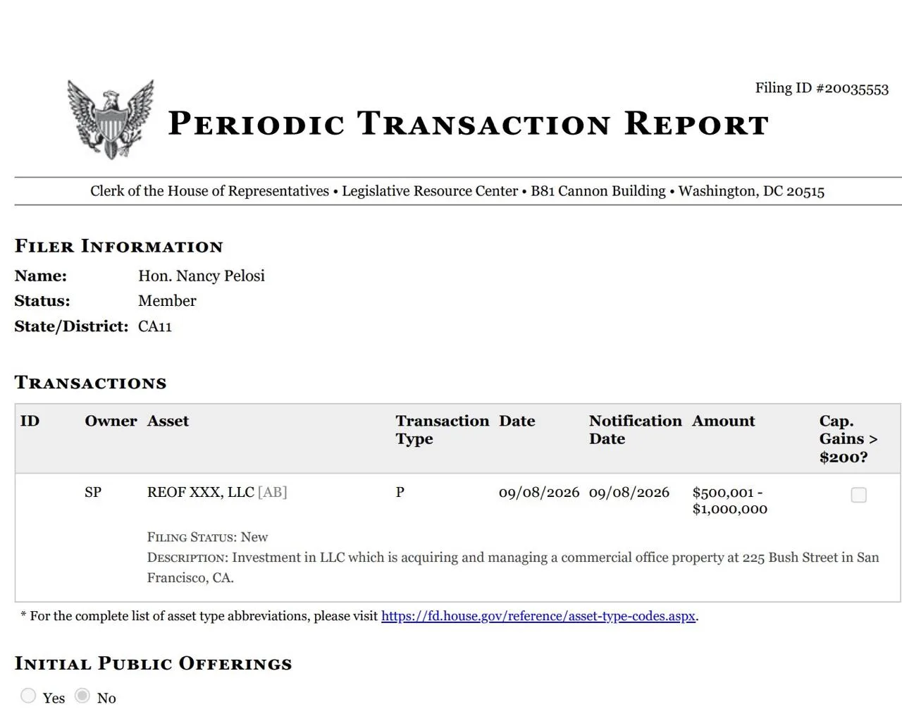 🇺🇸 Нэнси Пелоси инвестировала до $1,000,000 в REOF XXX, LLC, которая приобретает и уп...