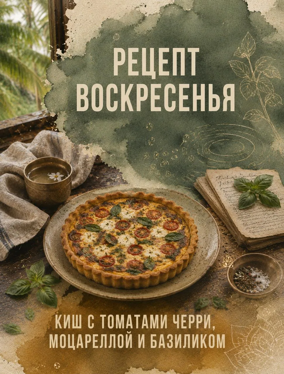 Рецепт воскресенья.  🌿Киш с томатами черри, моцареллой и базиликом.  Когда я впервые увидел это блюд