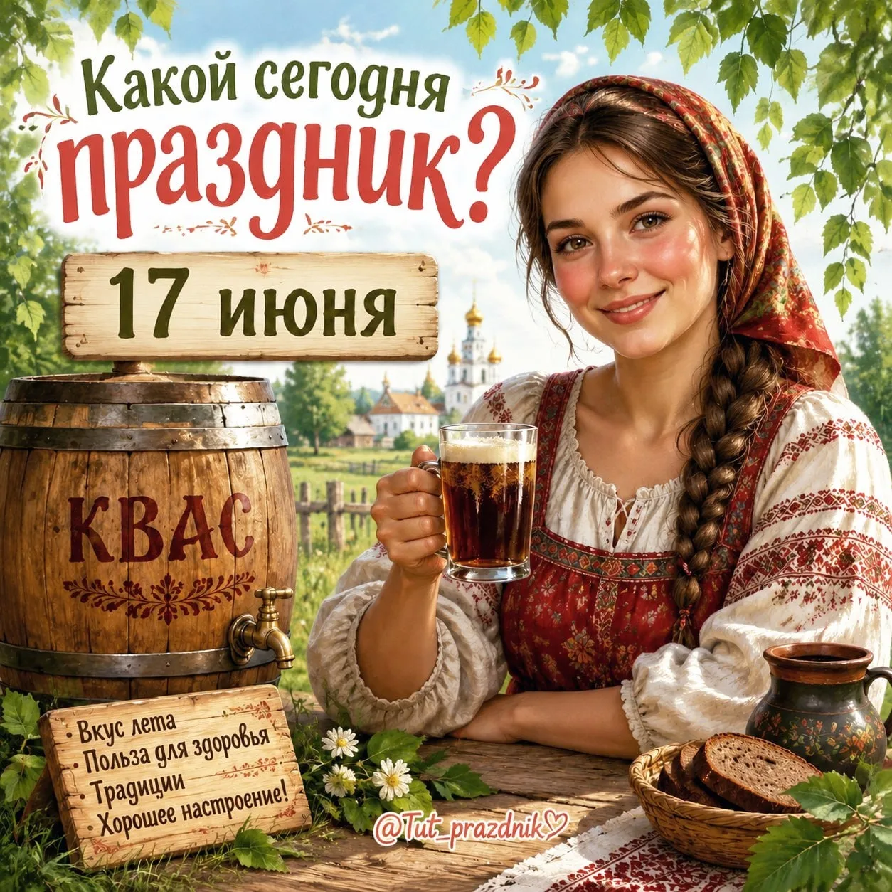 🗓  17 июня – отмечается 12 праздников.

✅ День русского кваса
✅ Всемирный день крокодила
✅ День лей