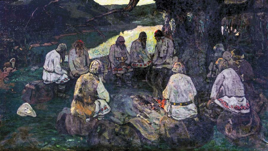 Николай Рерих. «Сходятся старцы» (1898). Холст, масло. Частная коллекция, Санкт-Петербург.