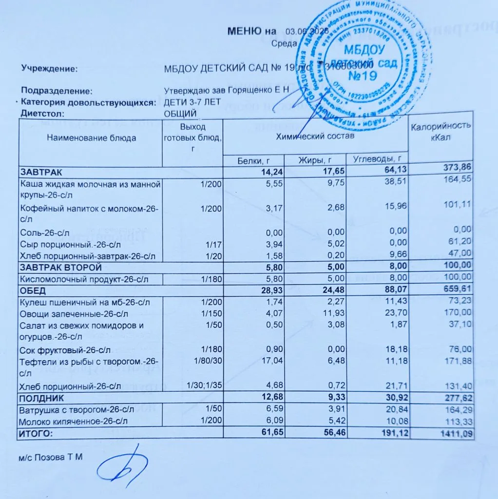 Меню на 3 июня 2026г.🥕🥒