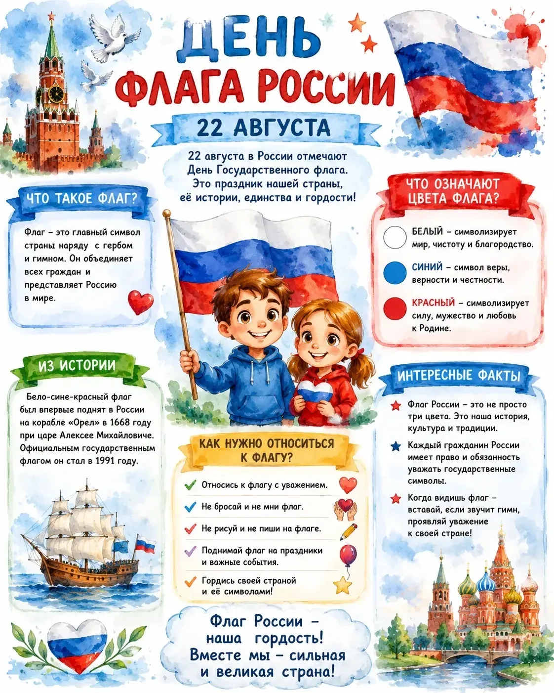 22 августа в России отмечается День Государственного флага Российской Федерации.