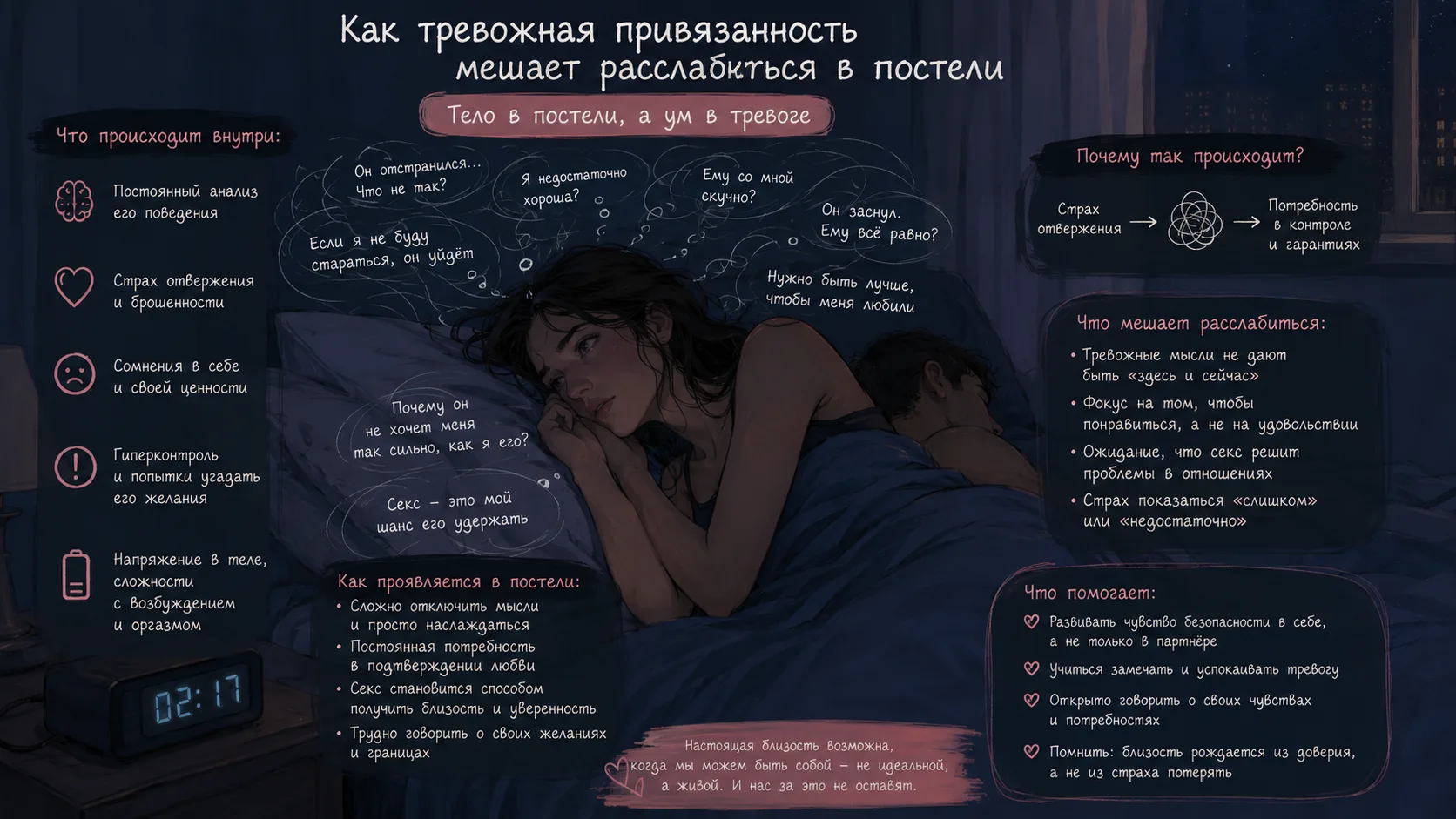 «Я хочу расслабиться, но тело не слушается».

«Я лежу с ним, но всё время в голове: а ему нравится? 
