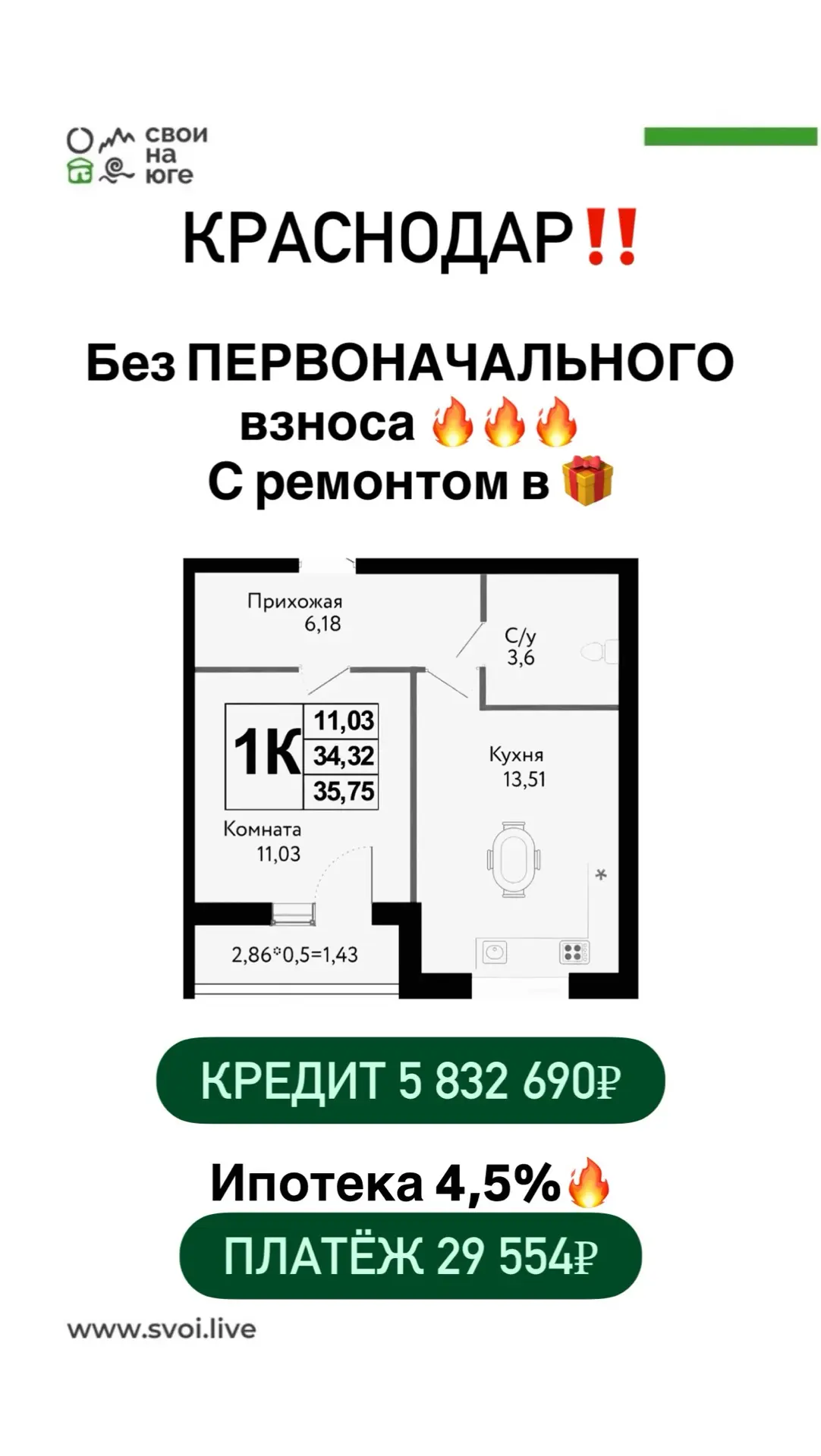 КРАСНОДАР🔥  Варианты 1-к квартир БЕЗ ПЕРВОНАЧАЛЬНОГО взноса с ремонтом🎁  📍 Район Восточного Обхода  