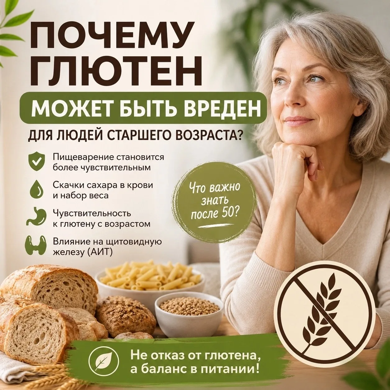 ✅ Почему после 50 лет многие начинают ограничивать глютен?

🚩Глютен - это белок, который содержится