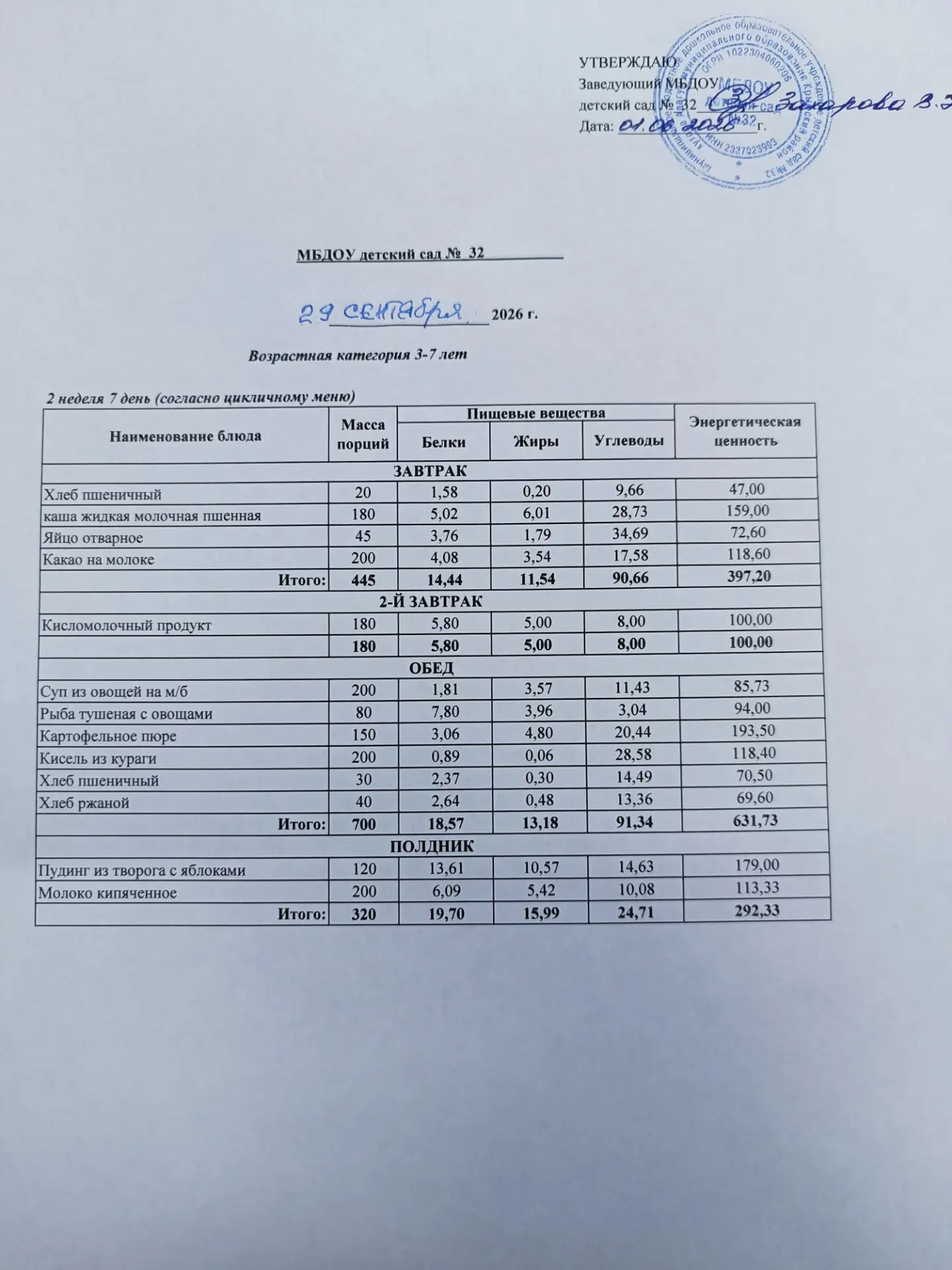 Меню на 29.09.2026 г.