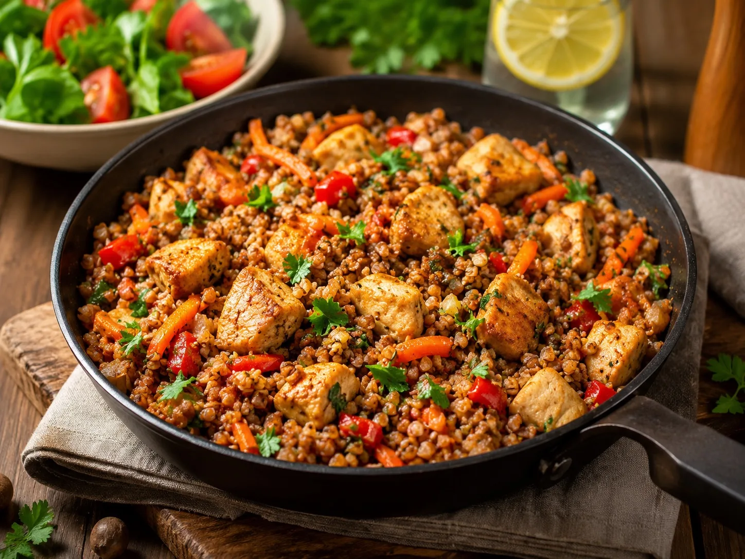 🍲 Гречка с курицей и овощами на одной сковороде