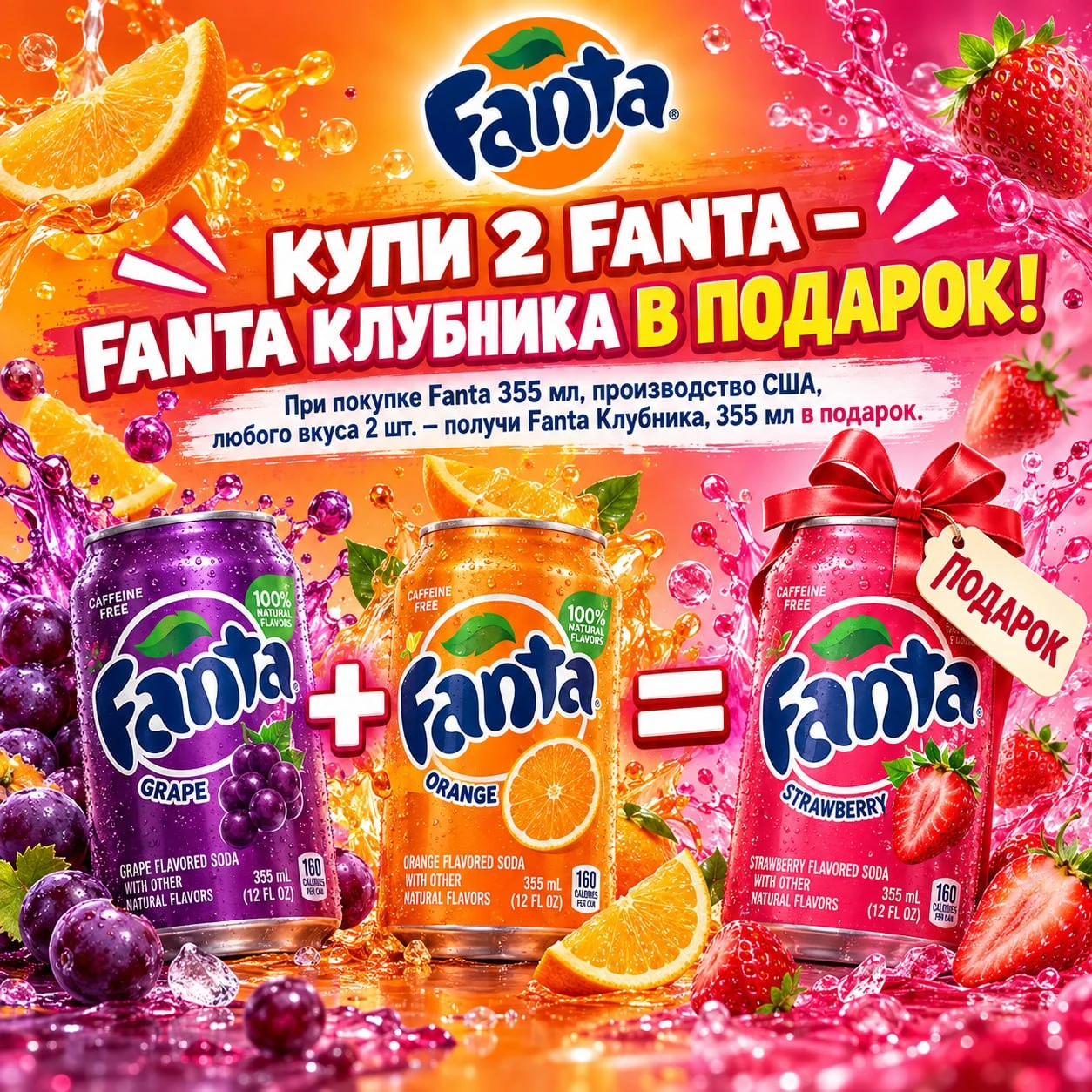 🍊Купи 2 Fanta— Fanta клубника в подарок!🍓🍓