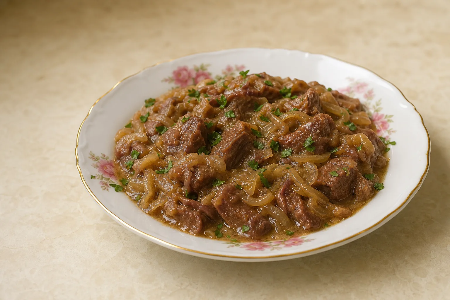 Говядина в луковом соусе
— Нежнейшее мясо, тающее во рту, в сладком луковом соусе. Минимум движений 