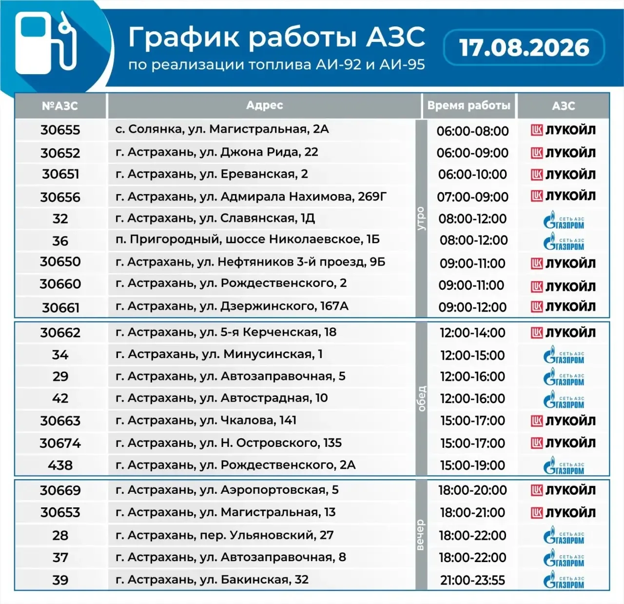 Актуальный график работы АЗС в регионе на сегодняшний день.