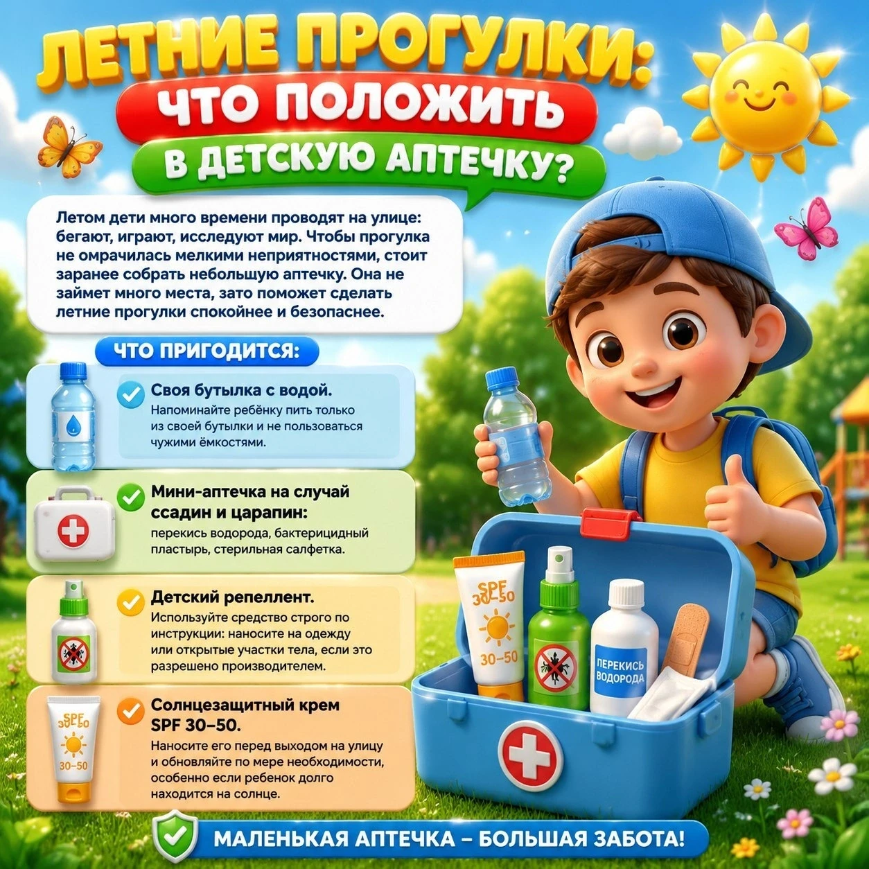 ☀️ Летние прогулки: что положить в детскую аптечку?