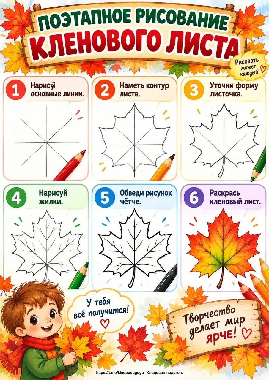 Поэтапное рисование кленового листа 🍁