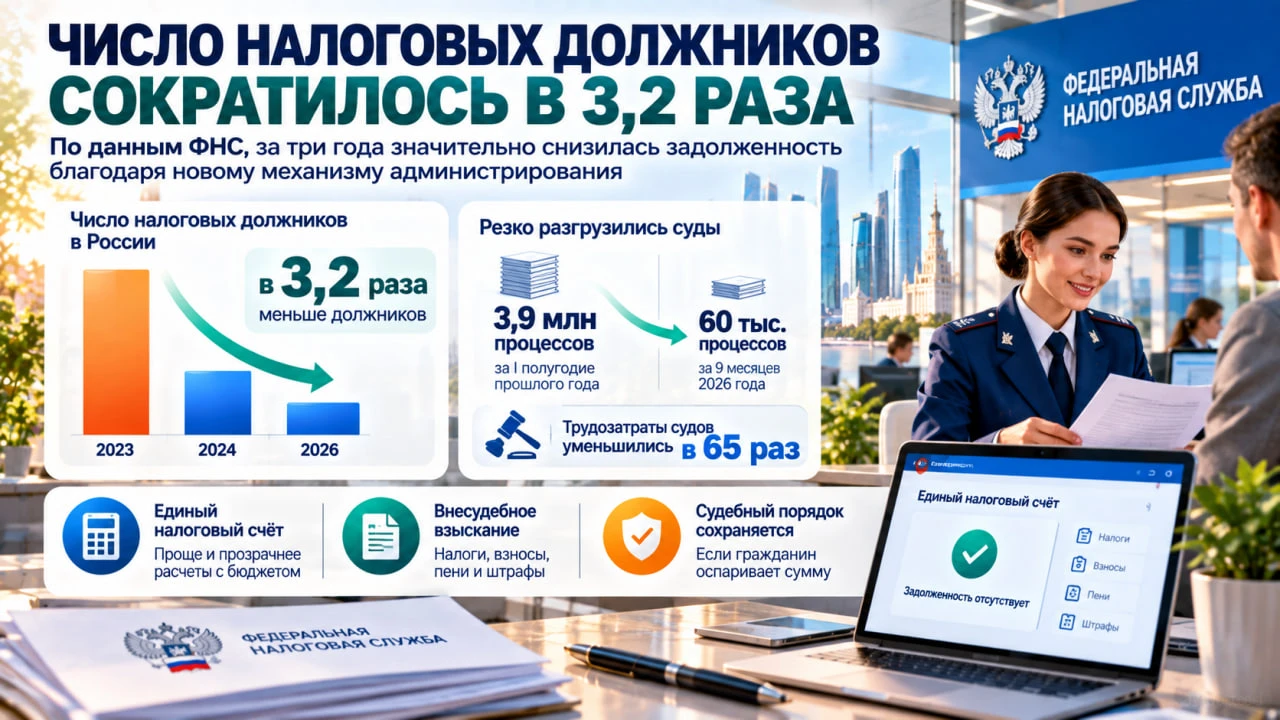 За три года число налоговых должников в России сократилось в 3,2 раза, сообщил руководи...