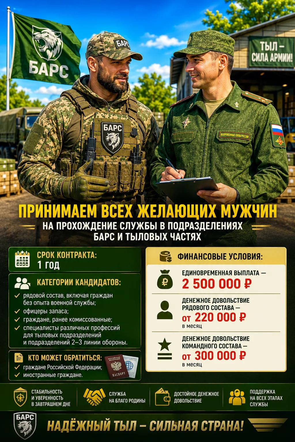 Открыт набор для мужчин для прохождения контрактной службы сроком 1 год. В подразделение БАРС и в ты