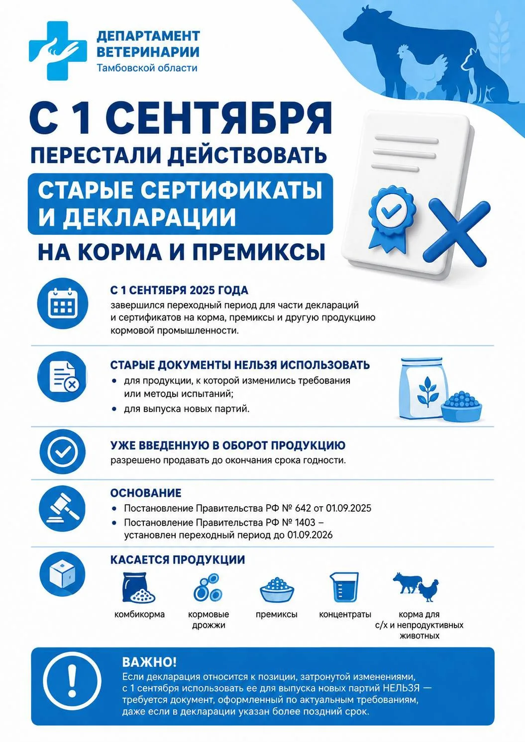 📢 с 1 сентября перестали действовать старые сертификаты и декларации на корма и премиксы.