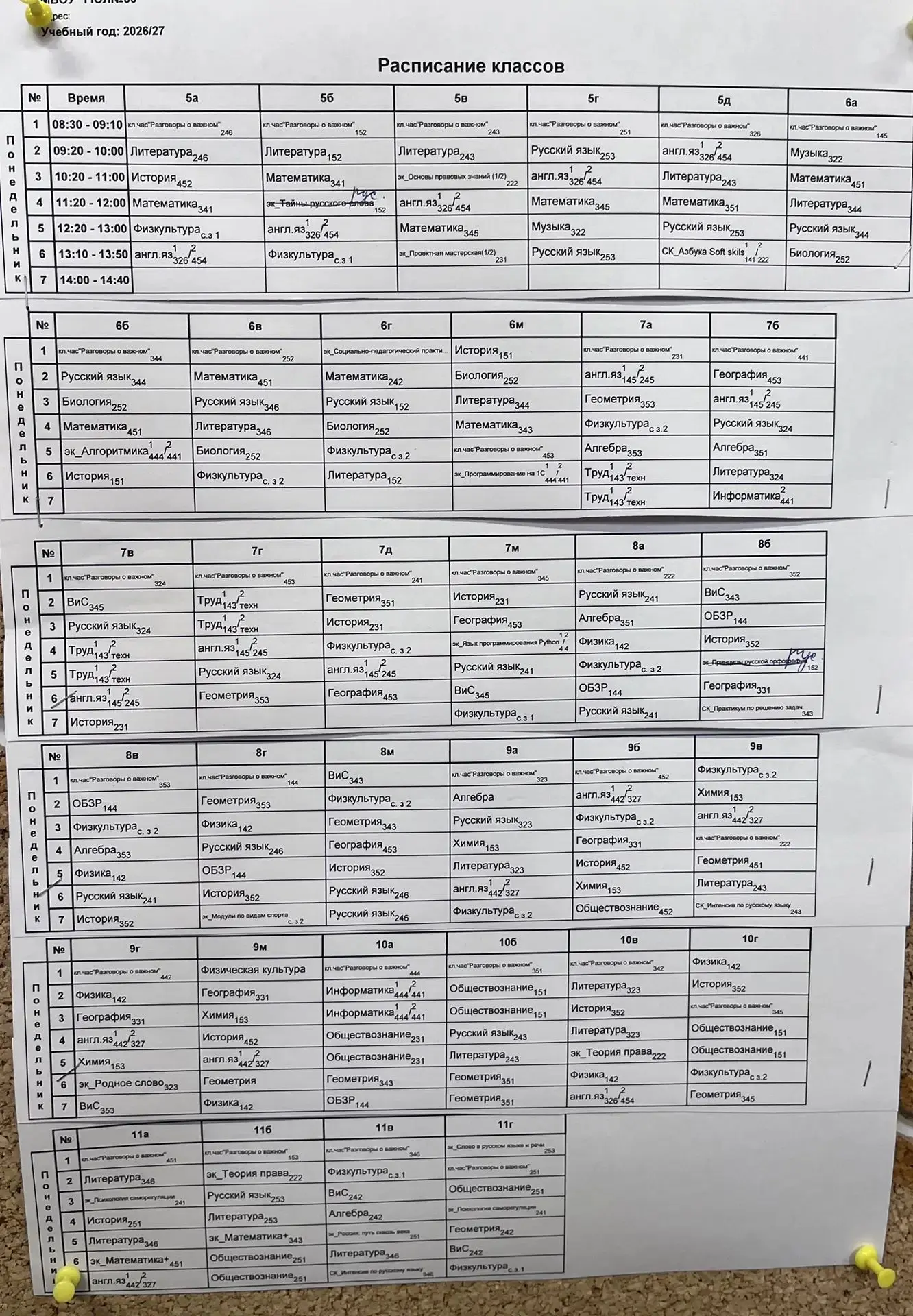 РАСПИСАНИЕ УРОКОВ 5-11 КЛАССЫ