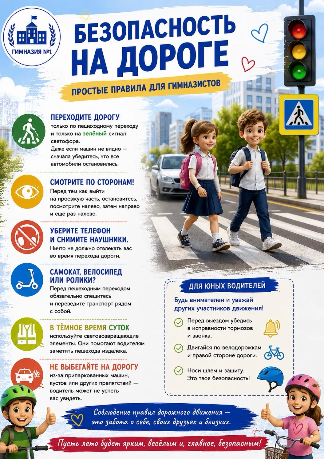 🚦 Безопасность на дороге: простые правила для гимназистов 🚸

Летние каникулы — время прогулок, вст