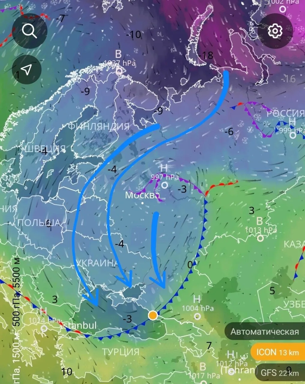 Полярное вторжение происходит из районов Карского моря. Холод преодолел Европейскую территорию Росси
