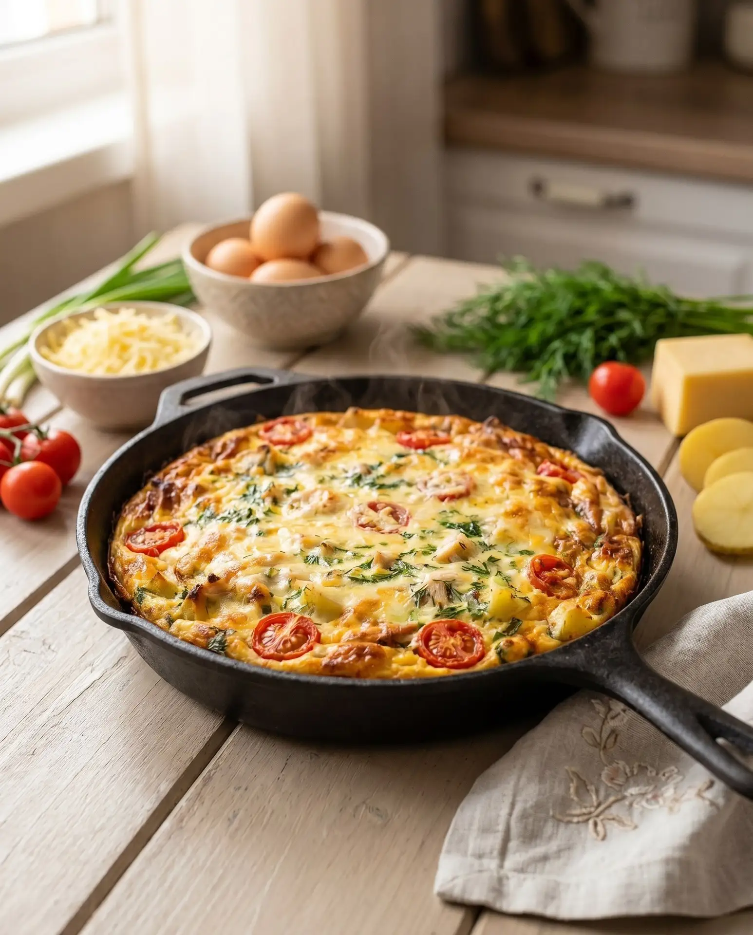 Фритатта «РЕВИЗИЯ ХОЛОДИЛЬНИКА» 🍳🧀

Бывает, открываешь холодильник, а там — кусочек сыра, одинокий
