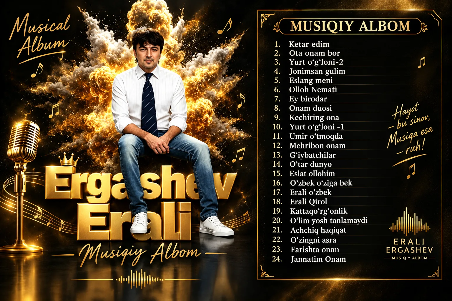Hurmatli padpischiklarim yaqinda mana shu musiqiy albomim chiqadi,sizlarga maʼqul boʻla...
