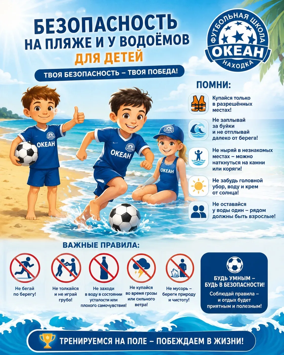 ⚽🌊 Безопасность на пляже и у водоёмов — правила чемпионов! 🌊⚽
Футбольная школа «Океан» напоминает: