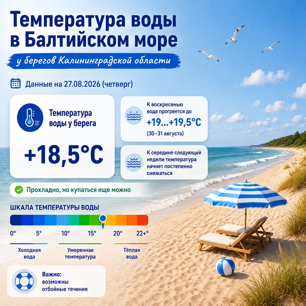 К воскресенью вода в Балтийском море у побережья Калининградской области прогреется до ...
