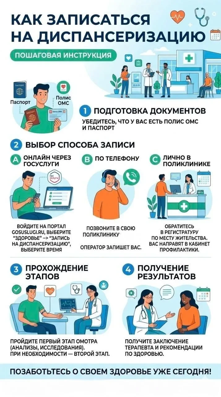 ❓Как записаться на диспансеризацию?

В 2026 году диспансеризацию могут пройти:
🔹 с 18 до 39 лет - о
