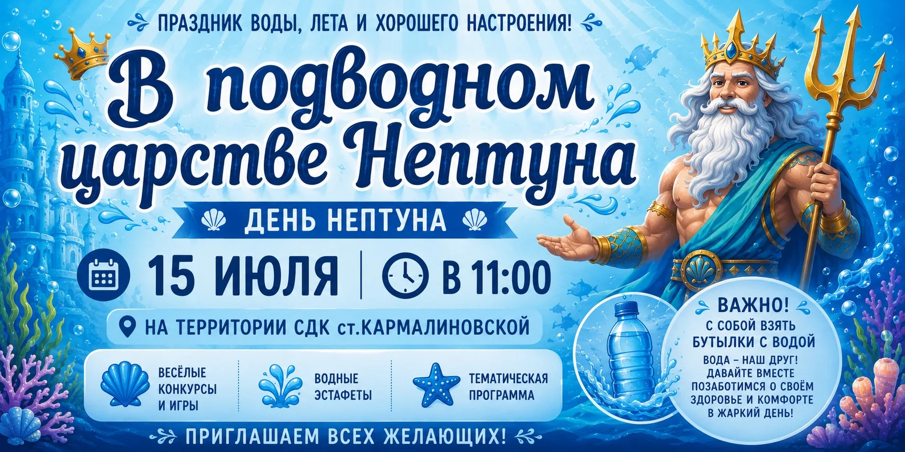 🌊  В подводном царстве Нептуна! 🌊 
Друзья, приглашаем вас весело провести летний день на самом мок